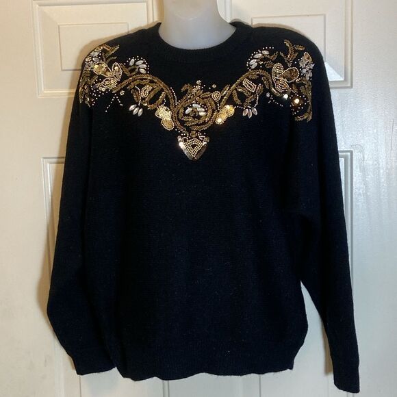 New Vintage Alfred Dunner Rhinestone and Sequin Black Women’s Sweater Size L - Picture 1 of 16
